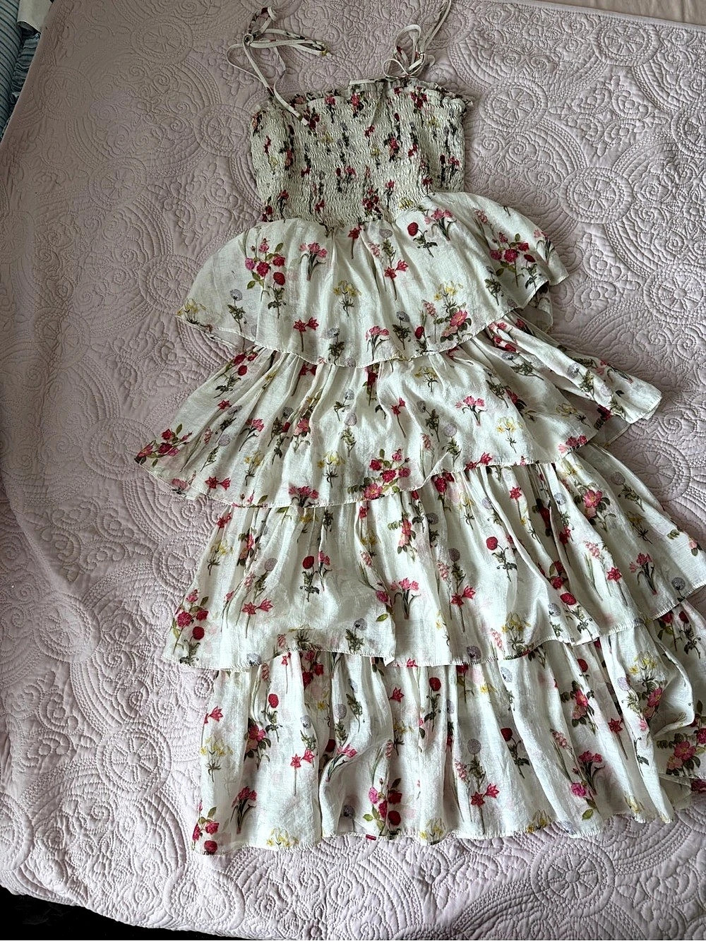 Lucy Paris Guinevere Tiered Dress Floral Maxi Cream & Pink Size Medium